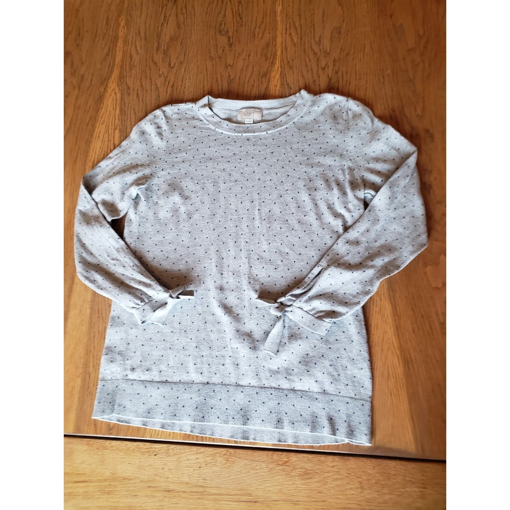 Sz M Loft Sweater Gray Poka Dot Long Sleeve Round Neck Wrist Tie Cotton